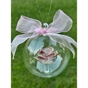 Lot/3 Blown Glass Pink Lotus Flowers Gold Gilded Edges Christmas Ball Ornaments